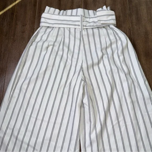 Free People Ultra High Rise Wide Leg Crop Pant White Striped Boho Pants Belted - Picture 10 of 11